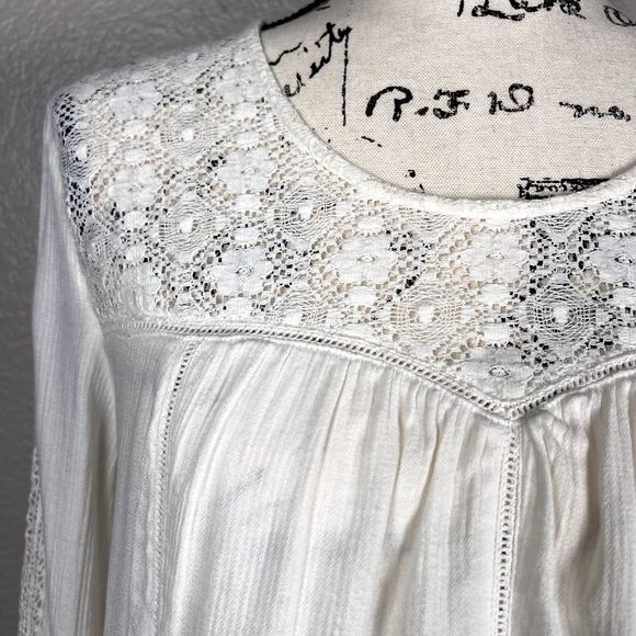 Hinge Sz S 3/4 Sleeve Sweetheart Lace Bodice Blouse White Lace Accents Boho - Picture 3 of 13